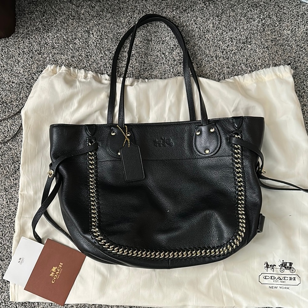Coach Black Leather Chain Detail Tote